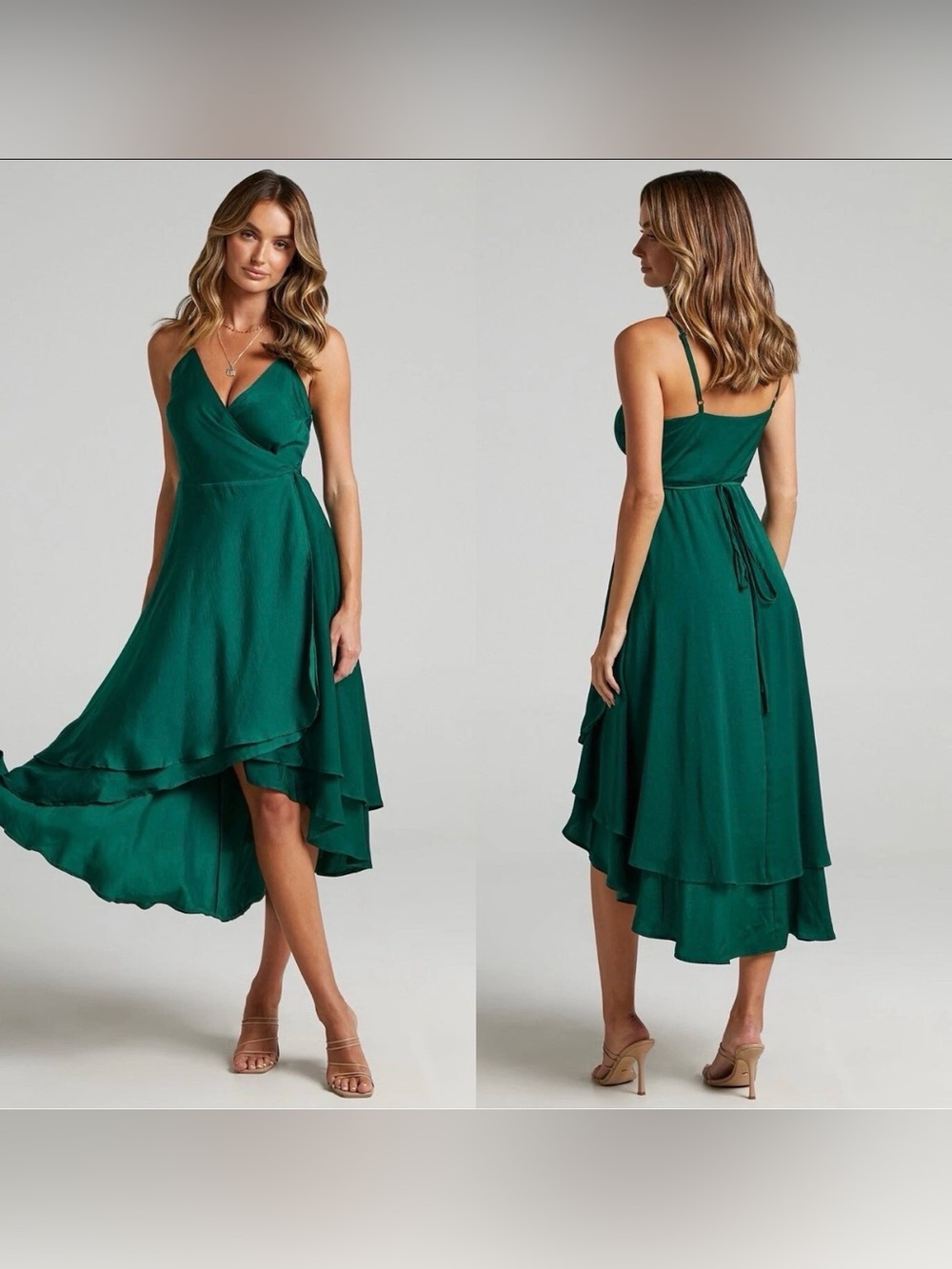 Showpo. Between Fantasy Midi Wrap-Style High-Low Dress in Emerald Green